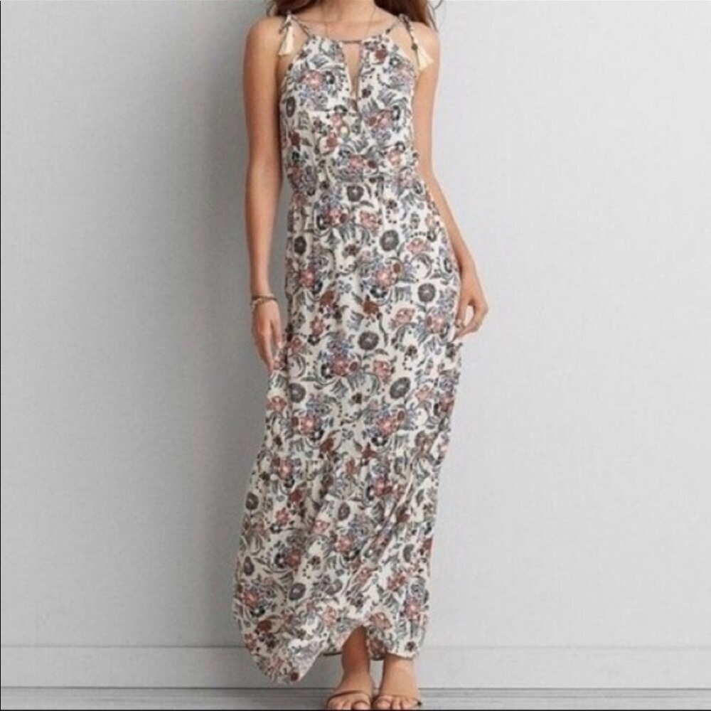 American Eagle Outfitters Floral Print Maxi Dress with Tassles and Keyhole Front